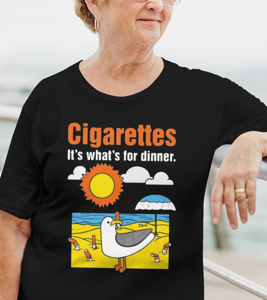 Cigarettes It's What's For Dinner Beach Seagull Cartoon With Sun And Umbrella T-Shirt