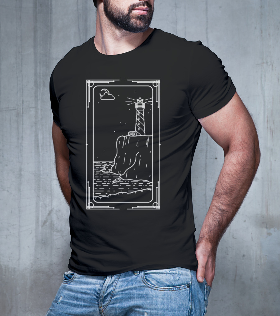 Coastal Lighthouse Cliff With Starry Sky And Waves T-Shirt