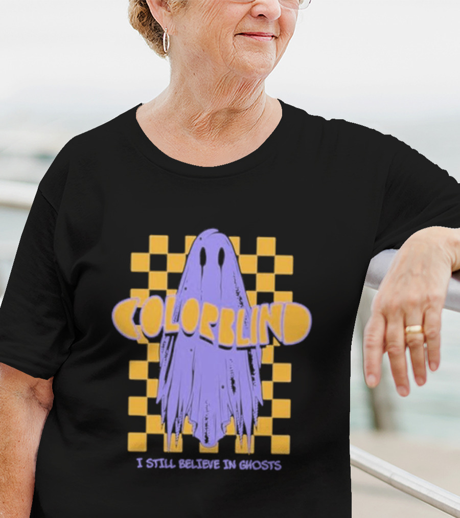 Colorblind I Still Believe In Ghosts Purple Ghost On Yellow Checkered Background T-Shirt