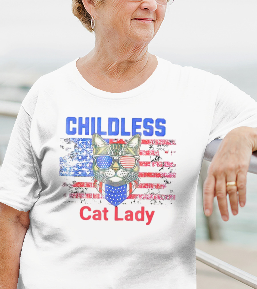 Childless Cat Lady USA Flag Sunglasses T-Shirt