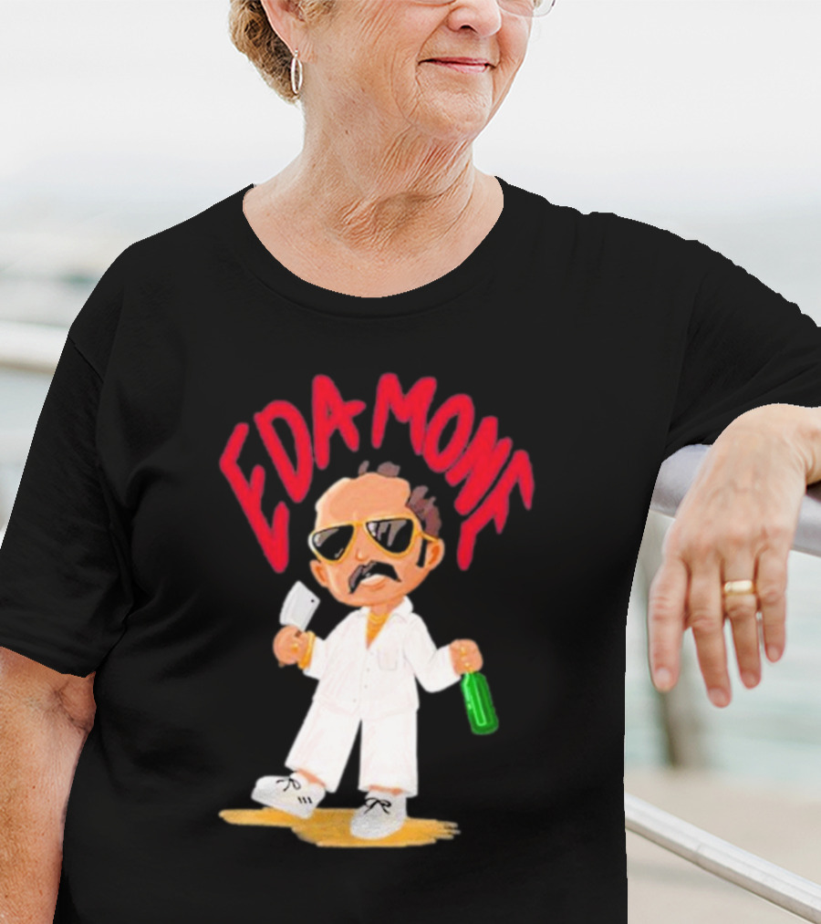 Eda Mone Rangan Chettan Cartoon Character In White Suit With Sunglasses Holding Cleaver And Bottle T-Shirt