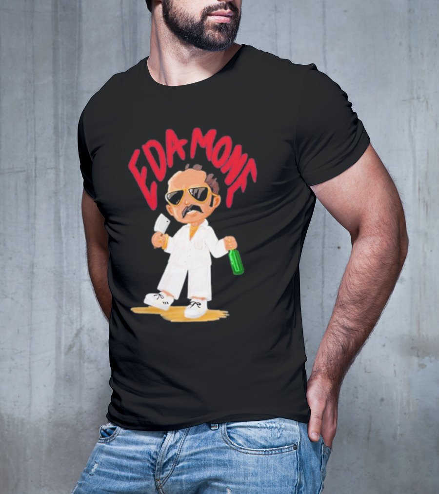 Eda Mone Rangan Chettan Cartoon Character In White Suit With Sunglasses Holding Cleaver And Bottle T-Shirt