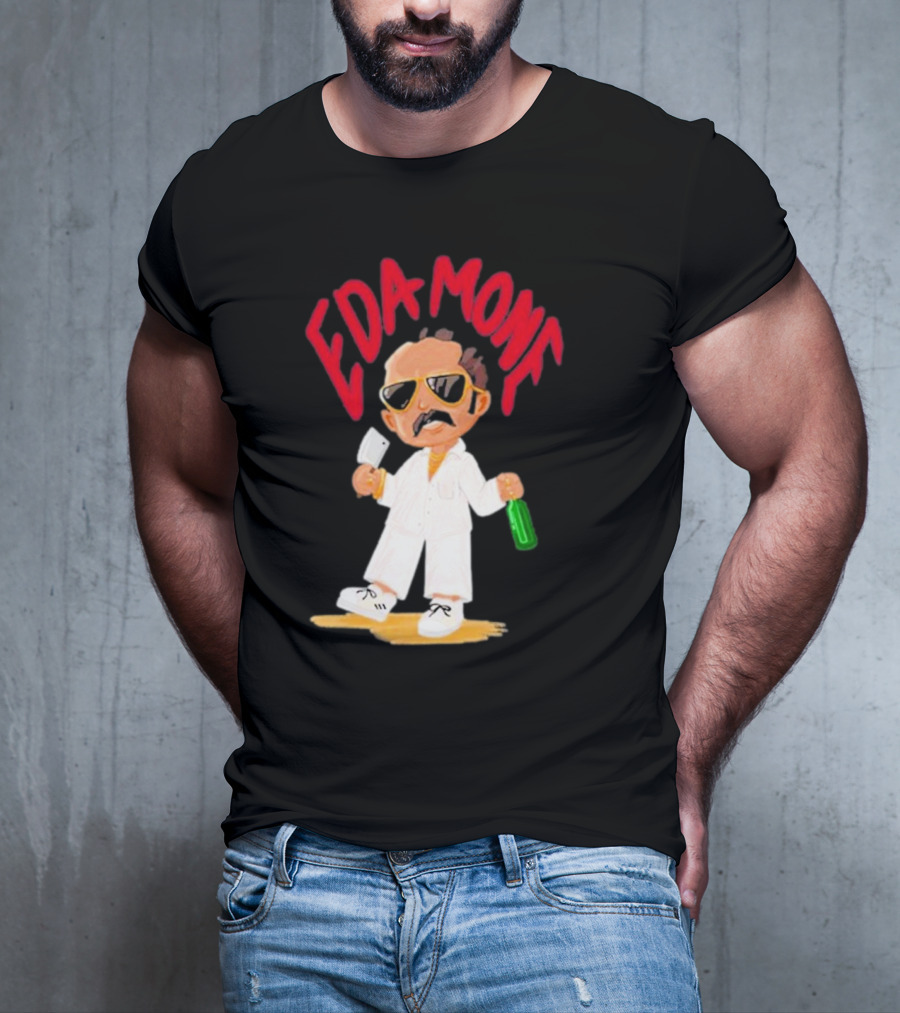 Eda Mone Rangan Chettan Cartoon Character In White Suit With Sunglasses Holding Cleaver And Bottle T-Shirt