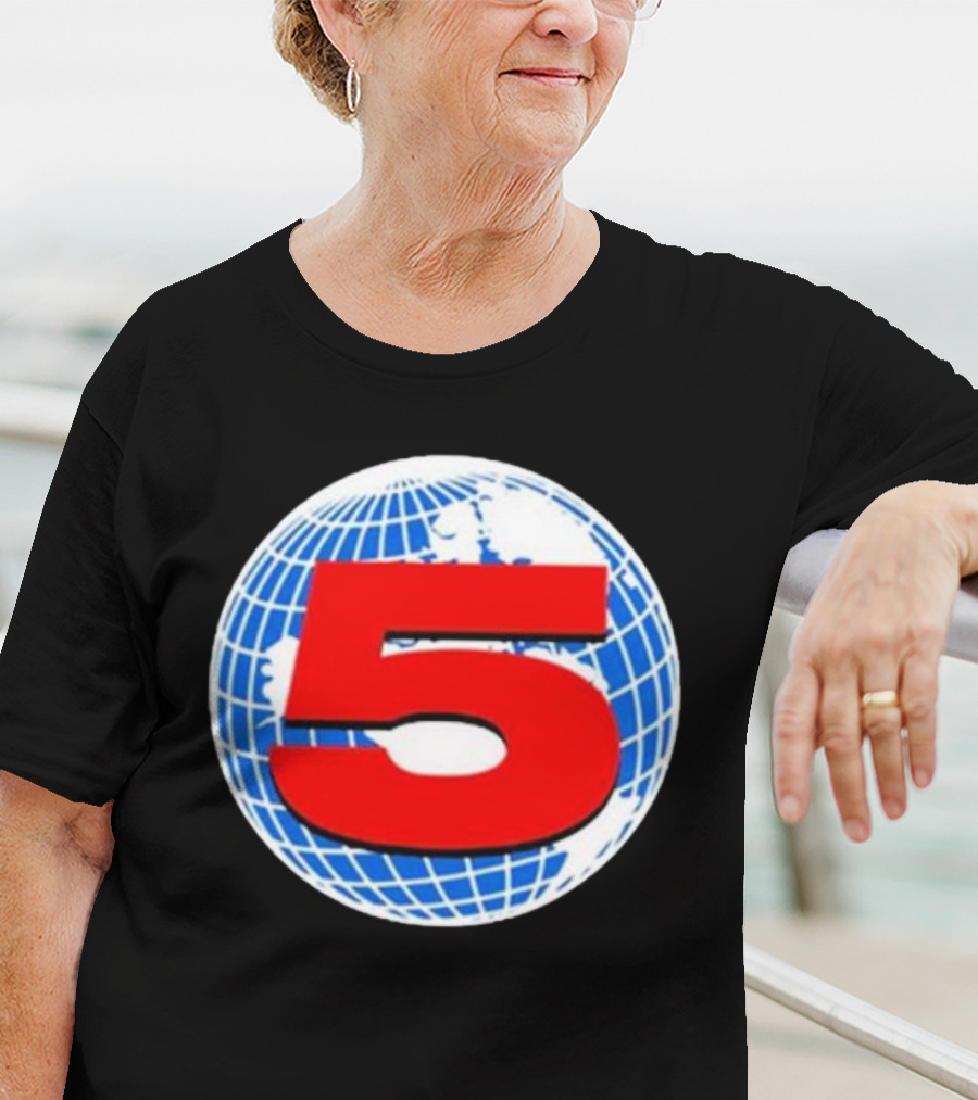 Red Number 5 On Blue And White Globe Background T-Shirt