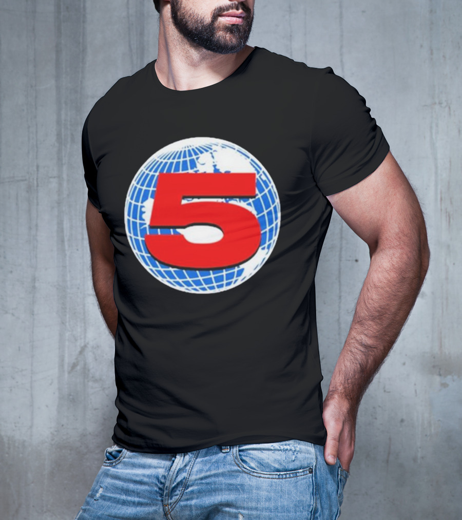 Red Number 5 On Blue And White Globe Background T-Shirt