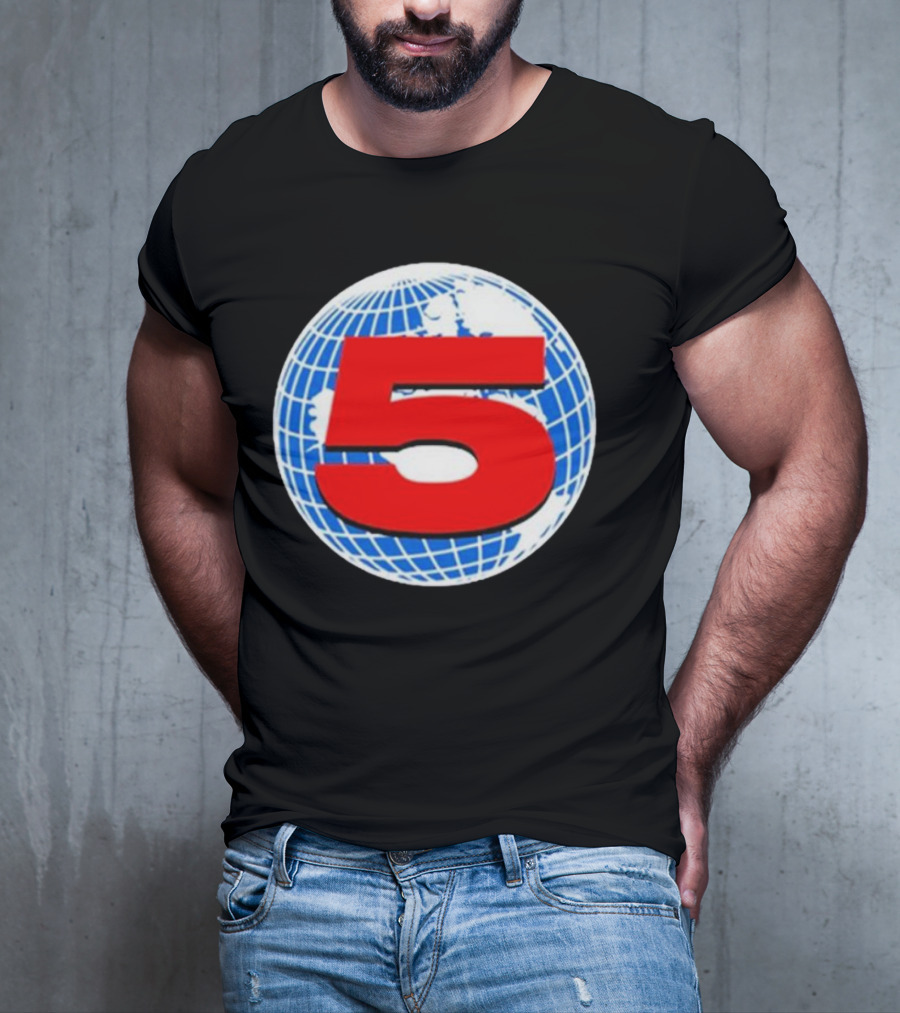 Red Number 5 On Blue And White Globe Background T-Shirt
