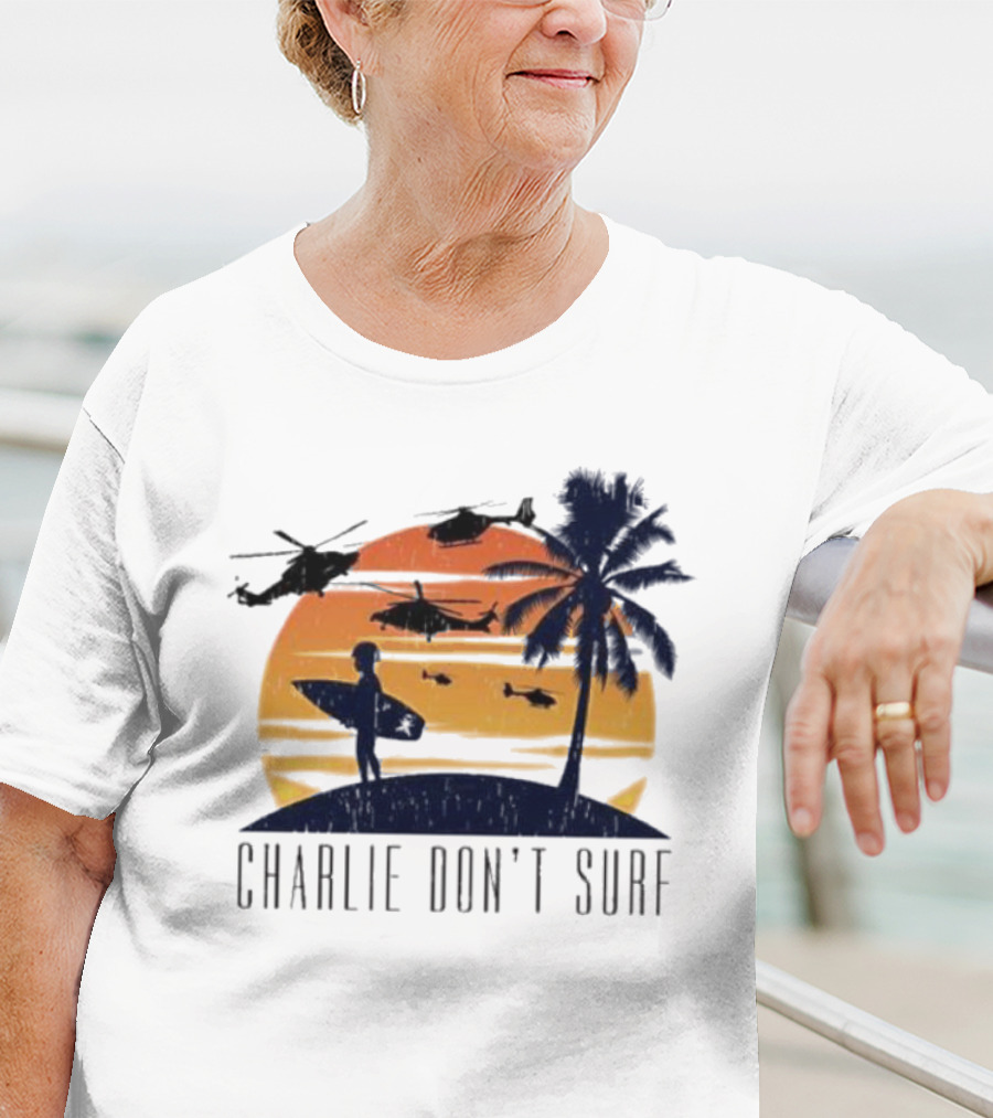 Charlie Don’t Surf Helicopters Palm Sunset Surfer T-Shirt