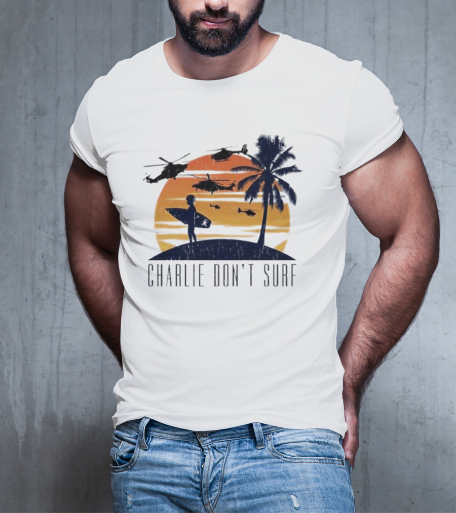 Charlie Don’t Surf Helicopters Palm Sunset Surfer T-Shirt
