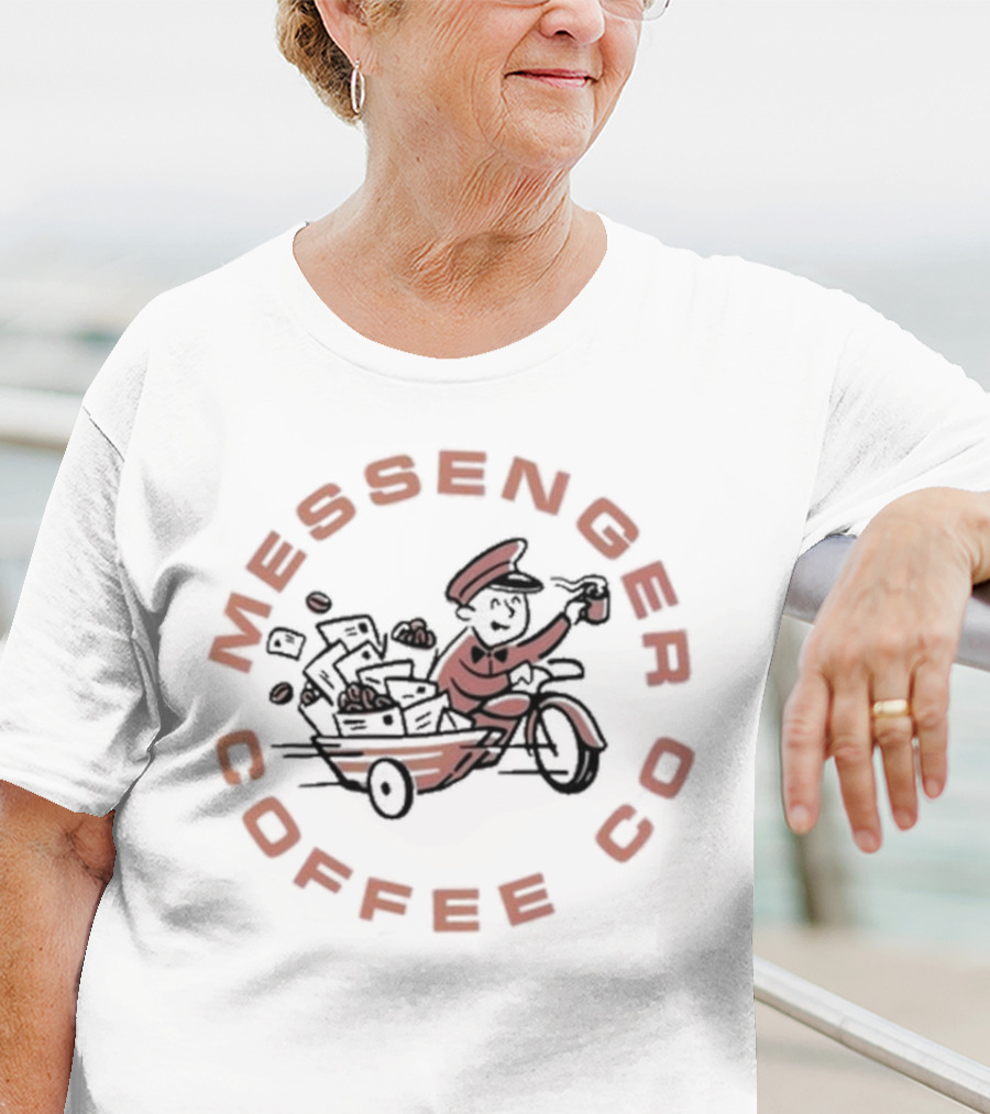 Messenger Coffee Co Vintage White Mail Carrier With Coffee Cup T-Shirt