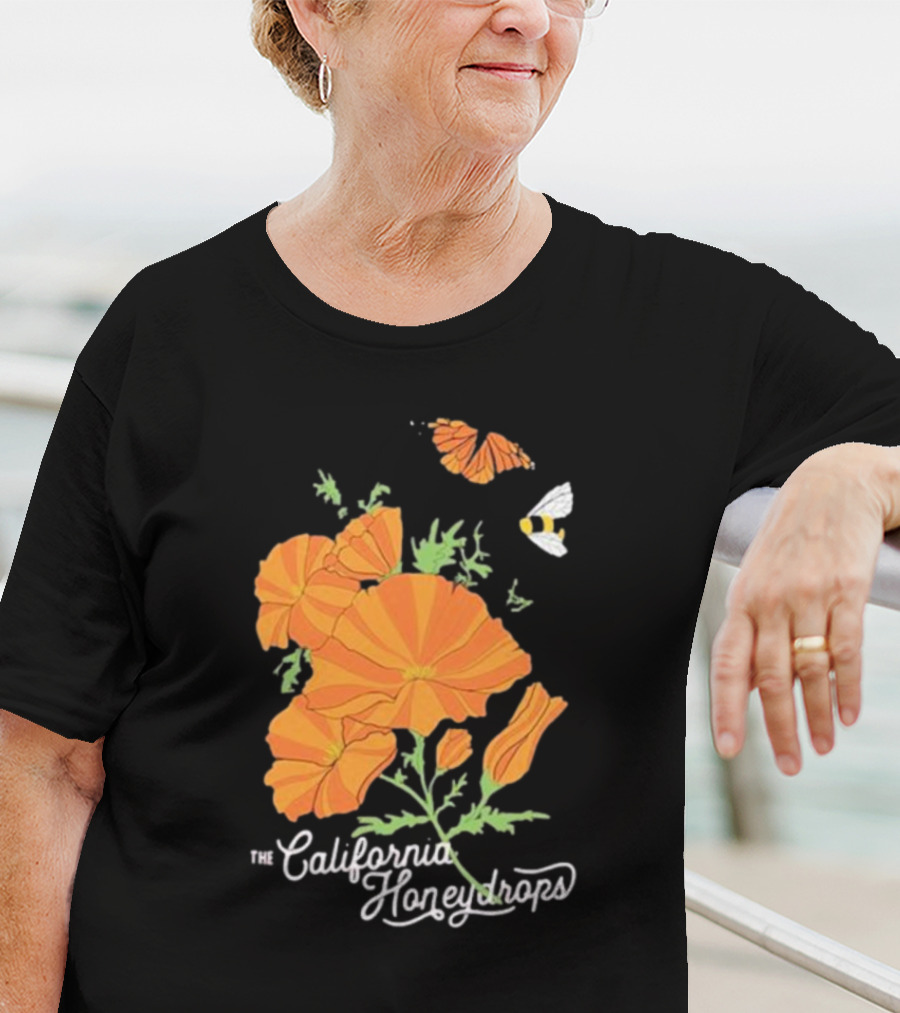 The California Honeydrops Orange Poppies Meadow With Butterfly And Bee T-Shirt