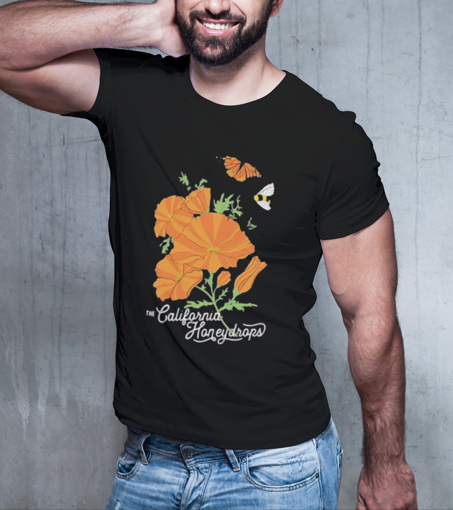 The California Honeydrops Orange Poppies Meadow With Butterfly And Bee T-Shirt