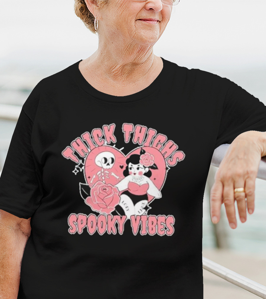 Thick Thighs Spooky Vibes Skeleton Heart Pin-Up Rose T-Shirt