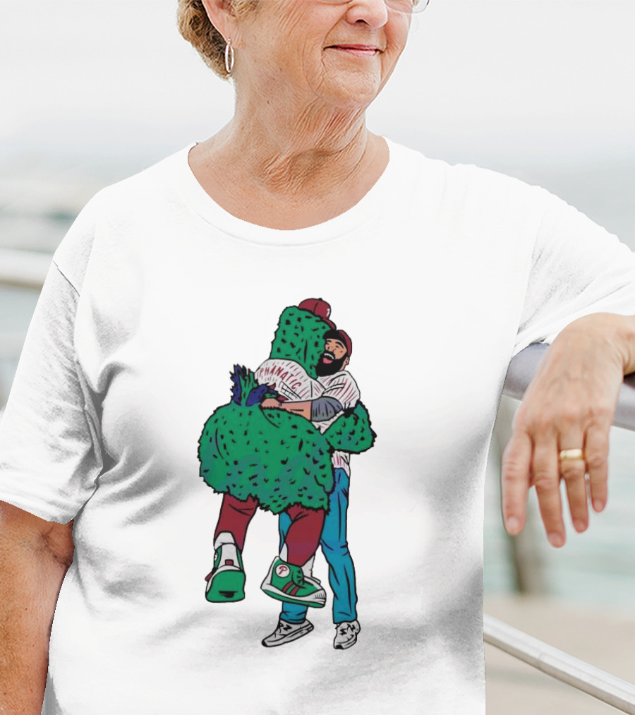 Phanatic Phillies Mascot Embrace With Baseball Player T-Shirt
