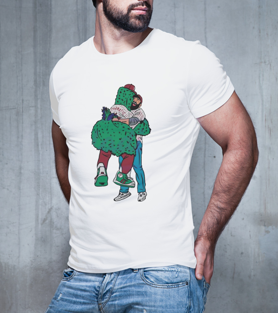 Phanatic Phillies Mascot Embrace With Baseball Player T-Shirt