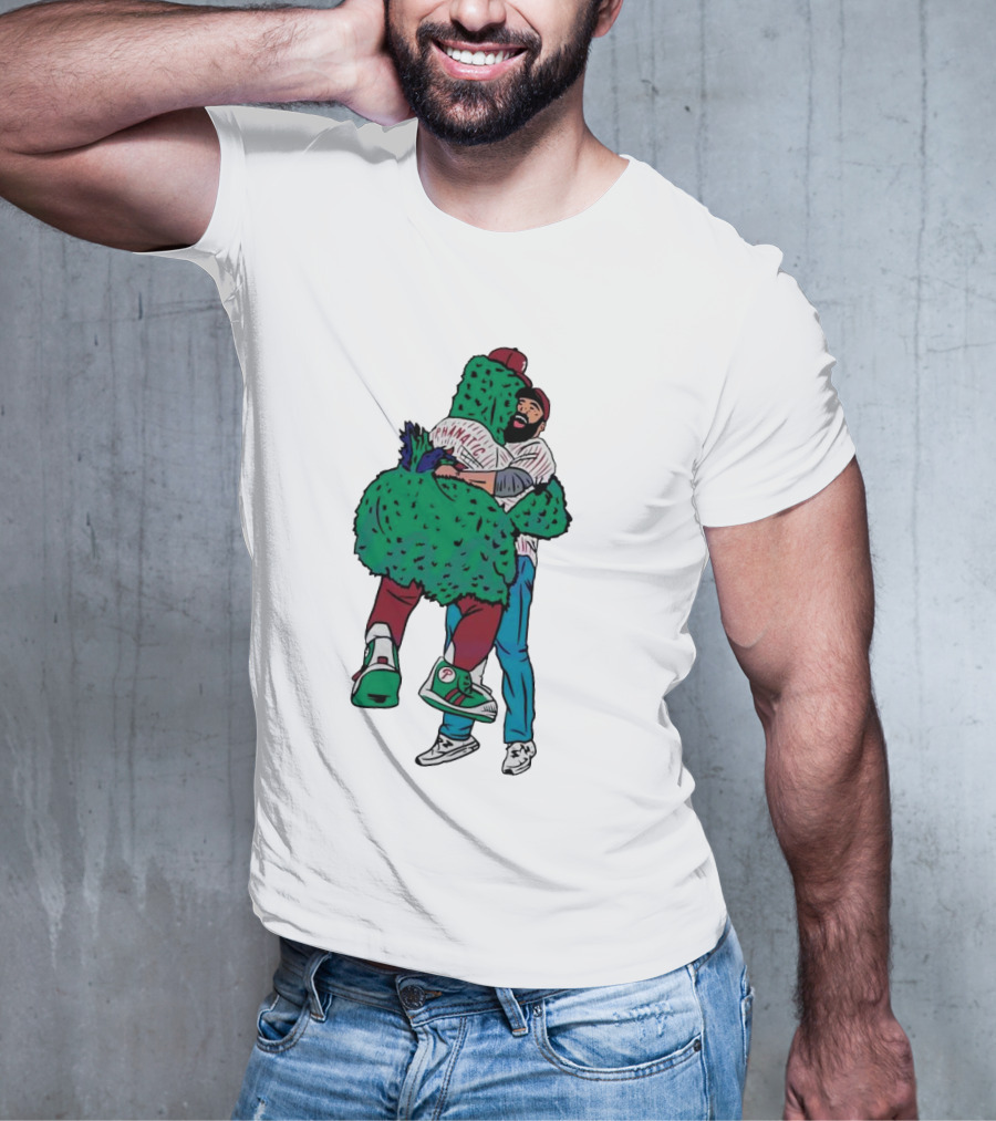 Phanatic Phillies Mascot Embrace With Baseball Player T-Shirt