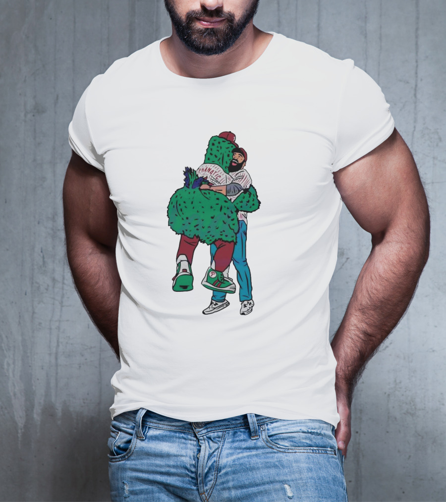 Phanatic Phillies Mascot Embrace With Baseball Player T-Shirt