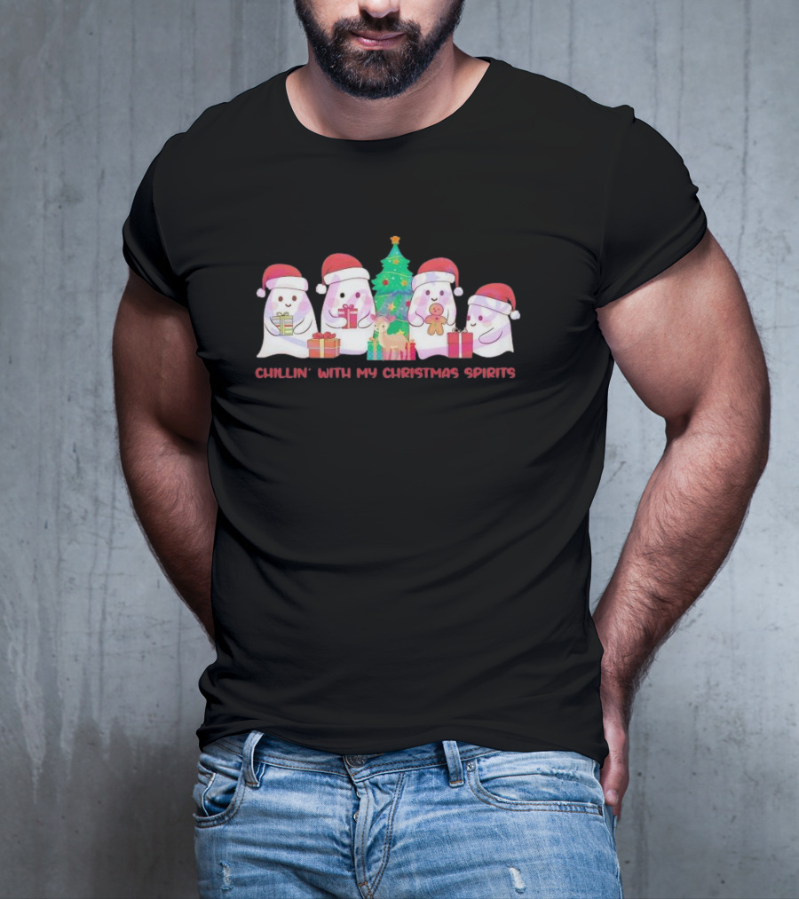 Chillin' With My Christmas Spirits Santa Hat Ghosts And Gifts T-Shirt