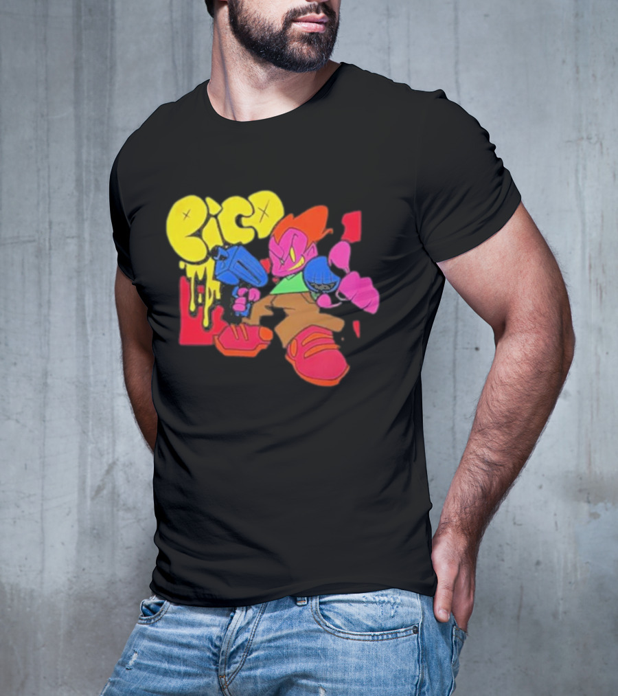 Friday Night Funkin Pico Colorful Cartoon Character Holding Gun T-Shirt