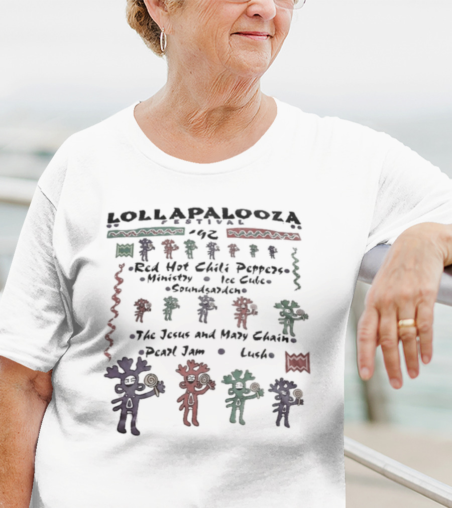 Lollapalooza Festival 1992 Red Hot Chili Peppers Ministry Ice Cube Soundgarden Jesus And Mary Chain Pearl Jam Lush Vivid Tribal Figures T-Shirt