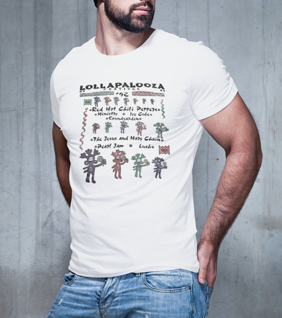 Lollapalooza Festival 1992 Red Hot Chili Peppers Ministry Ice Cube Soundgarden Jesus And Mary Chain Pearl Jam Lush Vivid Tribal Figures T-Shirt