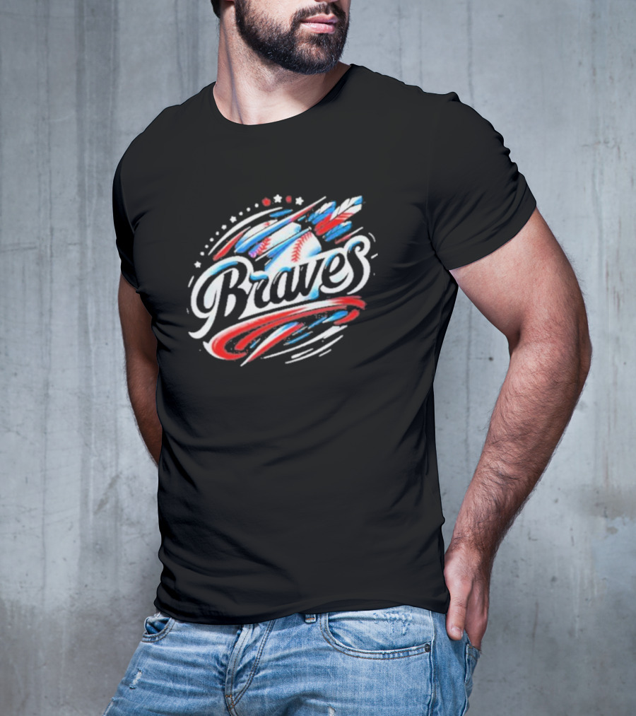 Braves Baseball Feathers MLB Team Logo With Stars And Stripes Motif T-Shirt