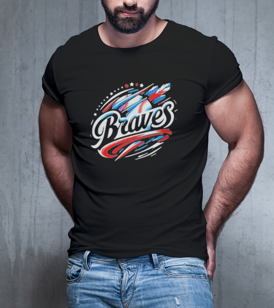 Braves Baseball Feathers MLB Team Logo With Stars And Stripes Motif T-Shirt