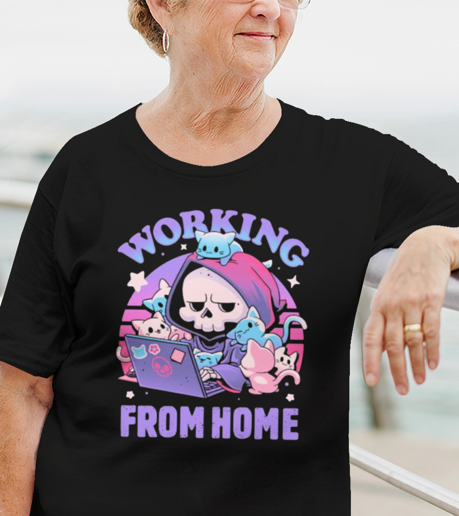 Working From Home Reaper With Cats Using Computer T-Shirt