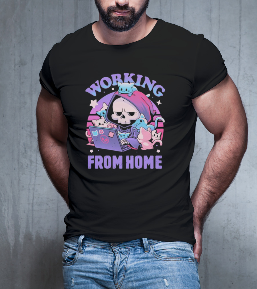 Working From Home Reaper With Cats Using Computer T-Shirt