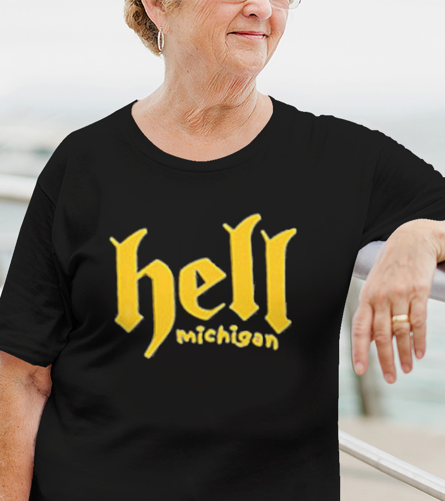 Hell Michigan Yellow Gothic Text T-Shirt