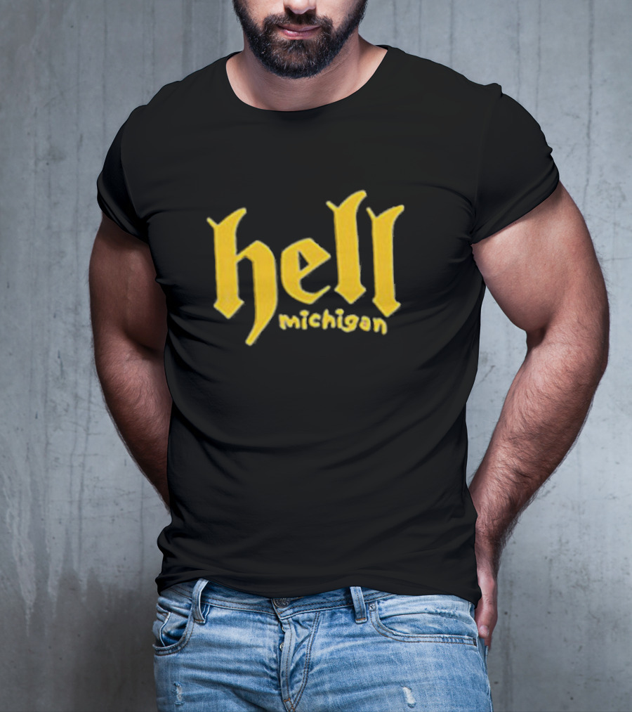 Hell Michigan Yellow Gothic Text T-Shirt