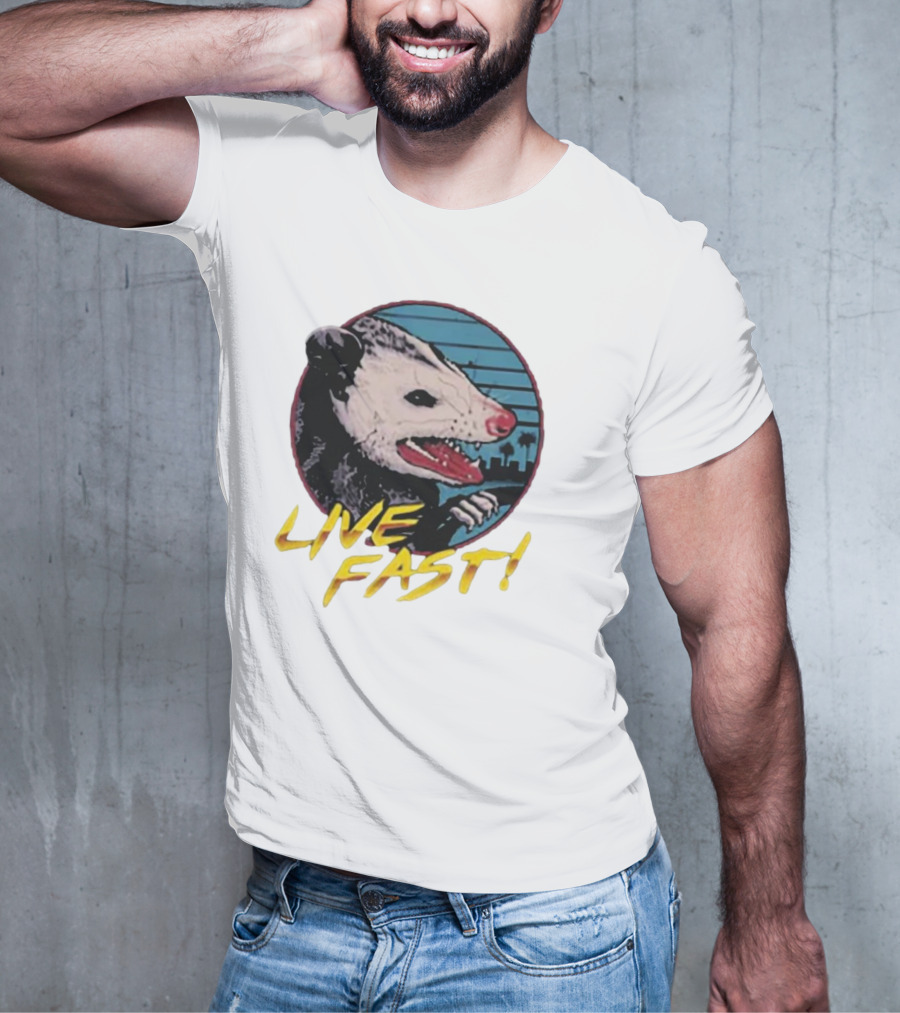 Live Fast Hiss Possum City Skyline T-Shirt
