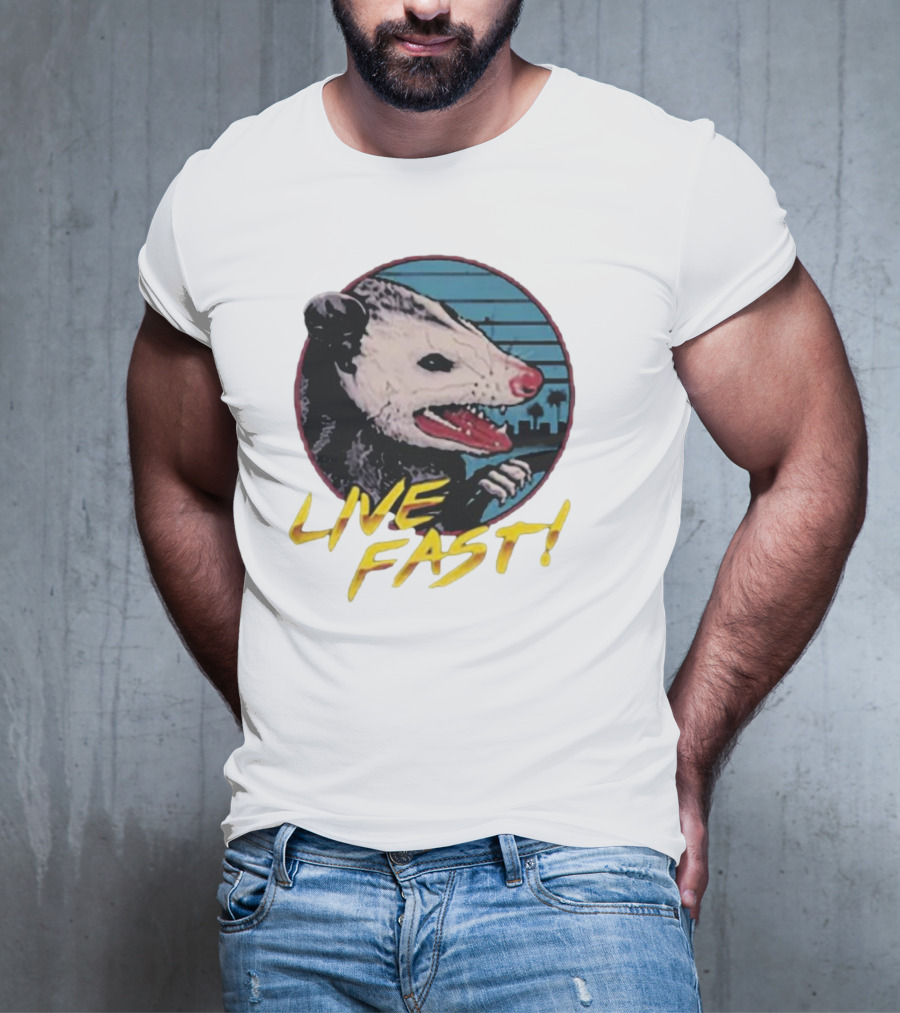 Live Fast Hiss Possum City Skyline T-Shirt
