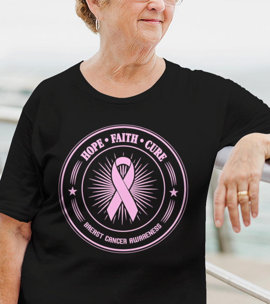 Hope Faith Cure Breast Cancer Awareness Pink Ribbon Emblem T-Shirt