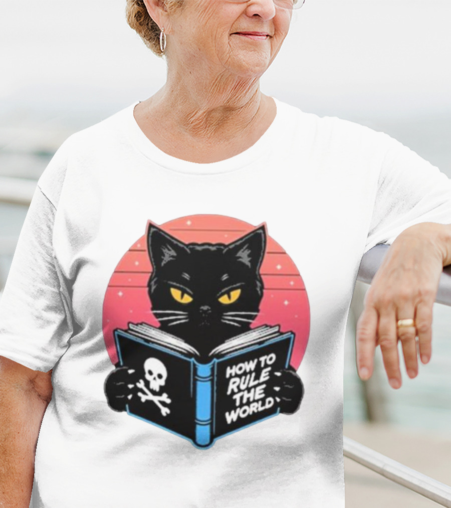 How To Rule The World Black Cat Reading Book With Skull T-Shirt