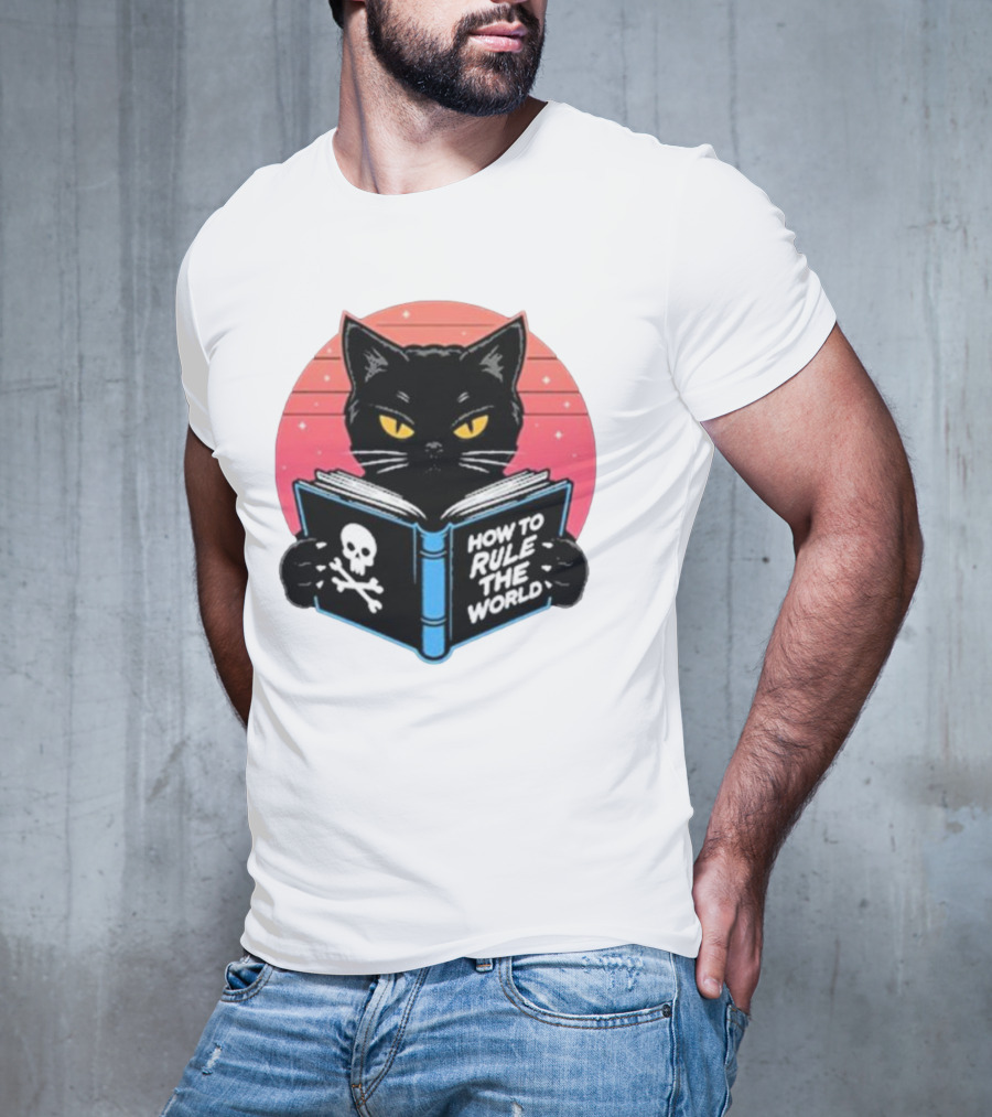 How To Rule The World Black Cat Reading Book With Skull T-Shirt