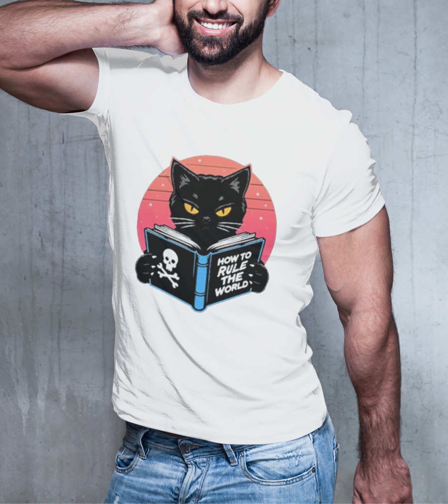 How To Rule The World Black Cat Reading Book With Skull T-Shirt