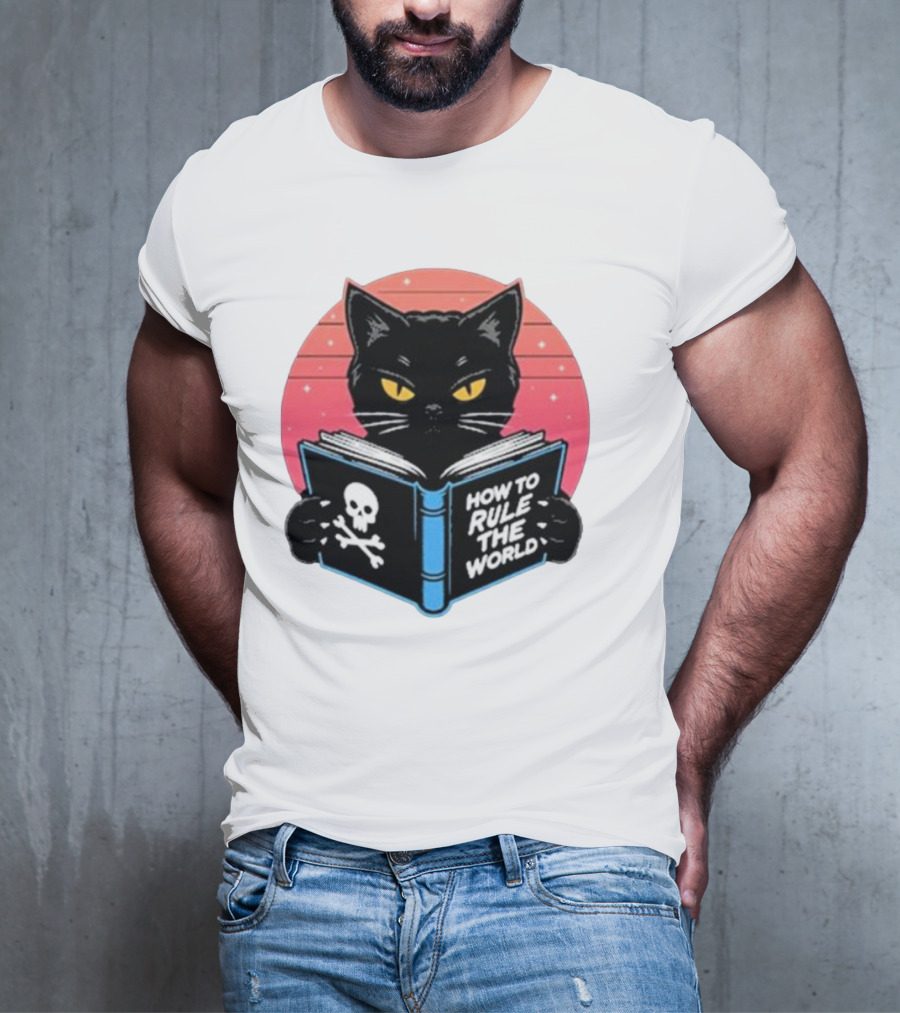 How To Rule The World Black Cat Reading Book With Skull T-Shirt