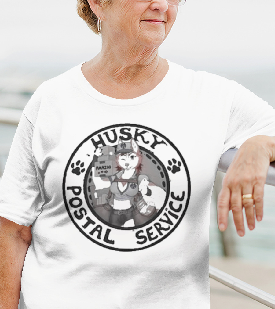 Husky Postal Service Paw Print Circle With Uniformed Mascot Holding Packages T-Shirt