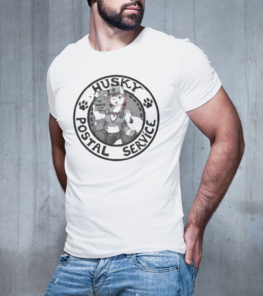 Husky Postal Service Paw Print Circle With Uniformed Mascot Holding Packages T-Shirt