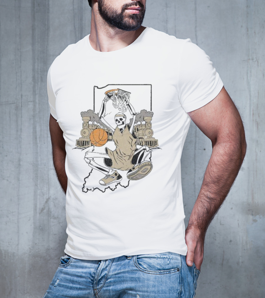 Golo Bloods West Lafayette Indiana Basketball Skeleton With Locomotives And Indiana Outline T-Shirt