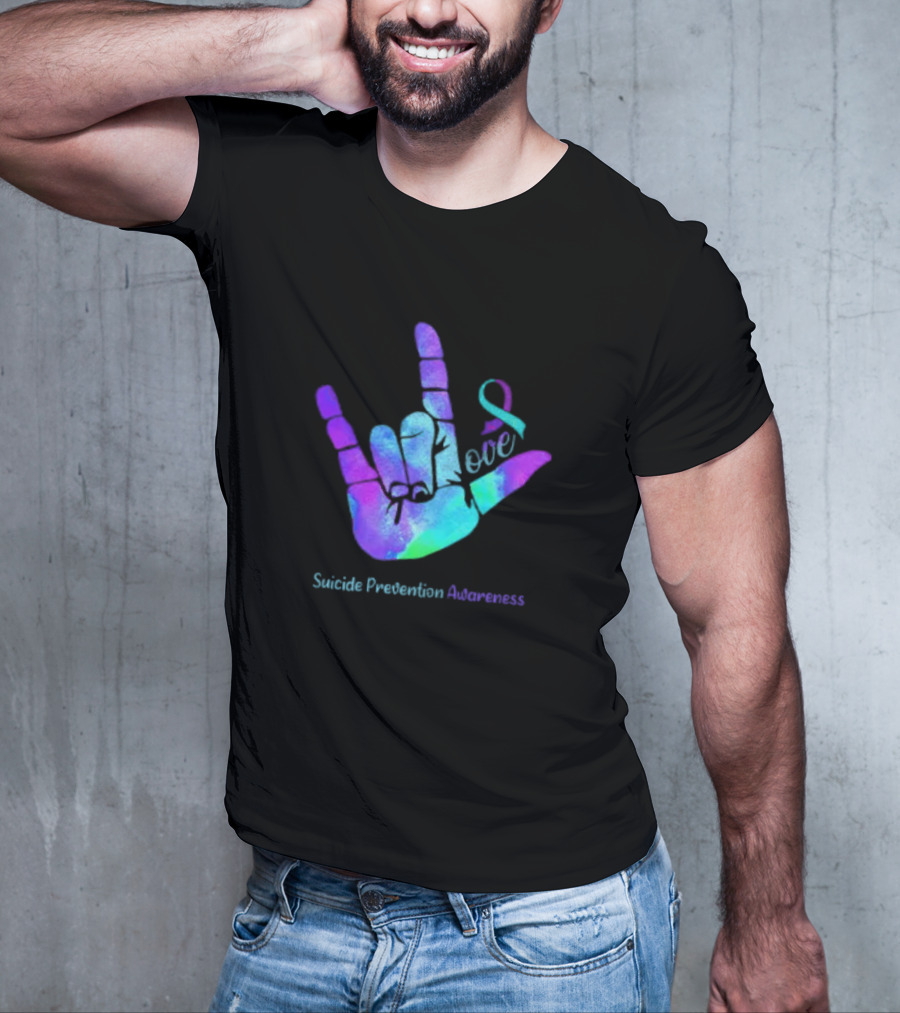 Love Hand Sign With Ribbon For Suicide Prevention Awareness T-Shirt