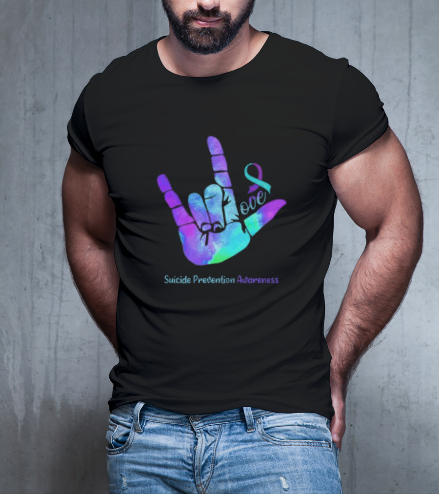 Love Hand Sign With Ribbon For Suicide Prevention Awareness T-Shirt