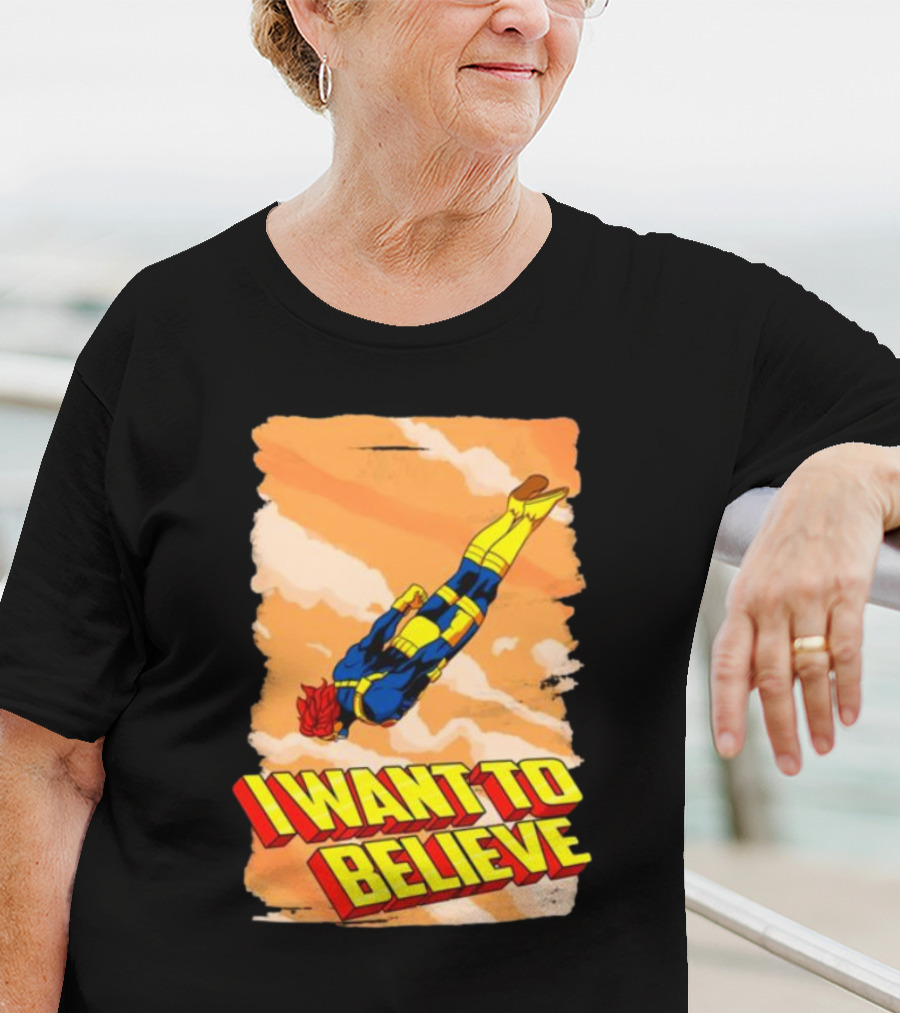 I Want To Believe Superheroes Retro Flying Hero In Yellow And Blue Suit T-Shirt