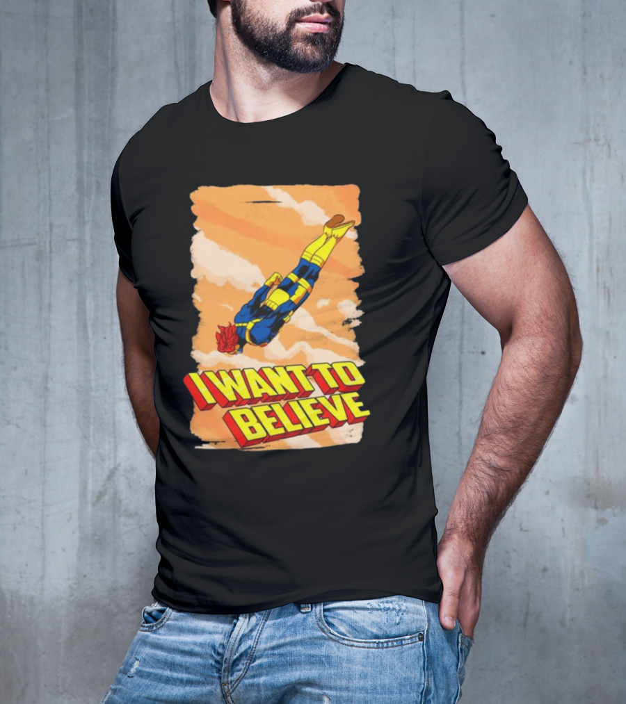 I Want To Believe Superheroes Retro Flying Hero In Yellow And Blue Suit T-Shirt
