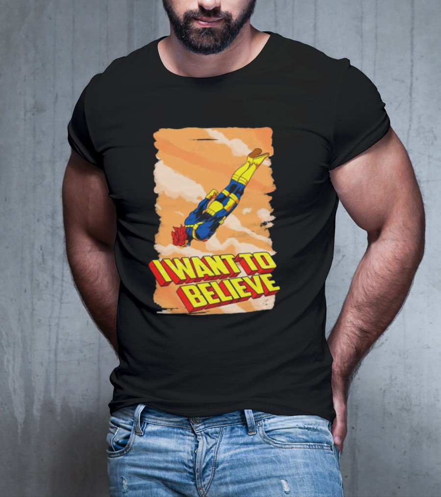 I Want To Believe Superheroes Retro Flying Hero In Yellow And Blue Suit T-Shirt