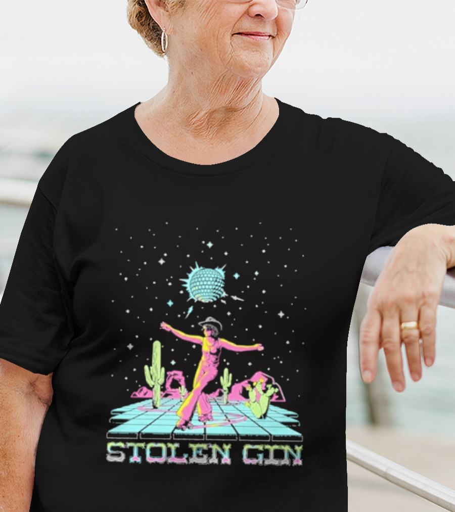 Stolen Gin Disco Cowgirl Dance Under Starry Night Desert Scene T-Shirt