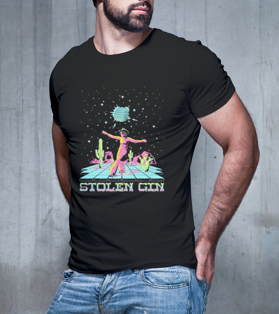 Stolen Gin Disco Cowgirl Dance Under Starry Night Desert Scene T-Shirt