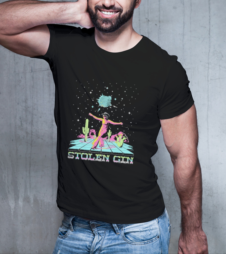 Stolen Gin Disco Cowgirl Dance Under Starry Night Desert Scene T-Shirt