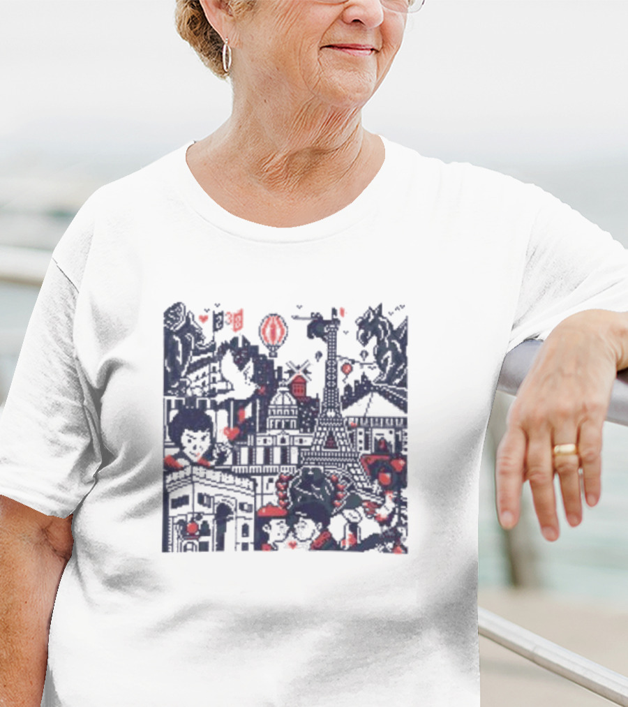 BasePaint Cityscapes Paris Eiffel Tower And Arc De Triomphe Neon Hearts T-Shirt