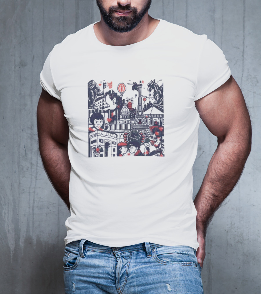 BasePaint Cityscapes Paris Eiffel Tower And Arc De Triomphe Neon Hearts T-Shirt